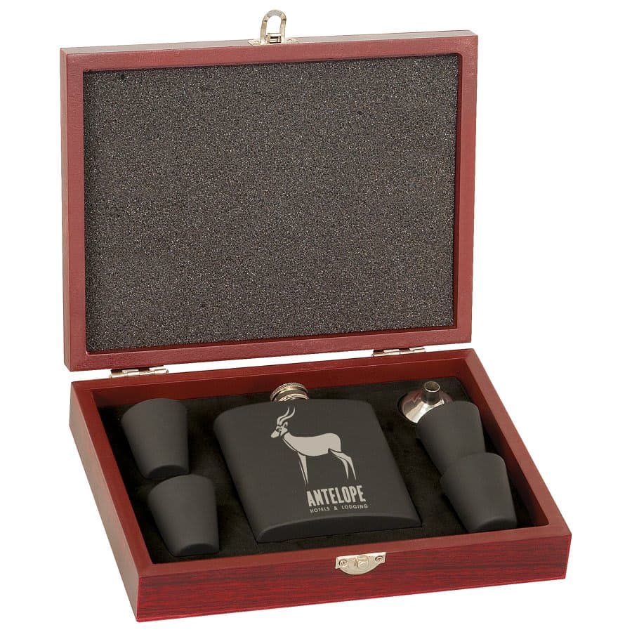 6 oz. Laserable Stainless Steel Flask Set in Wood Presentation Box