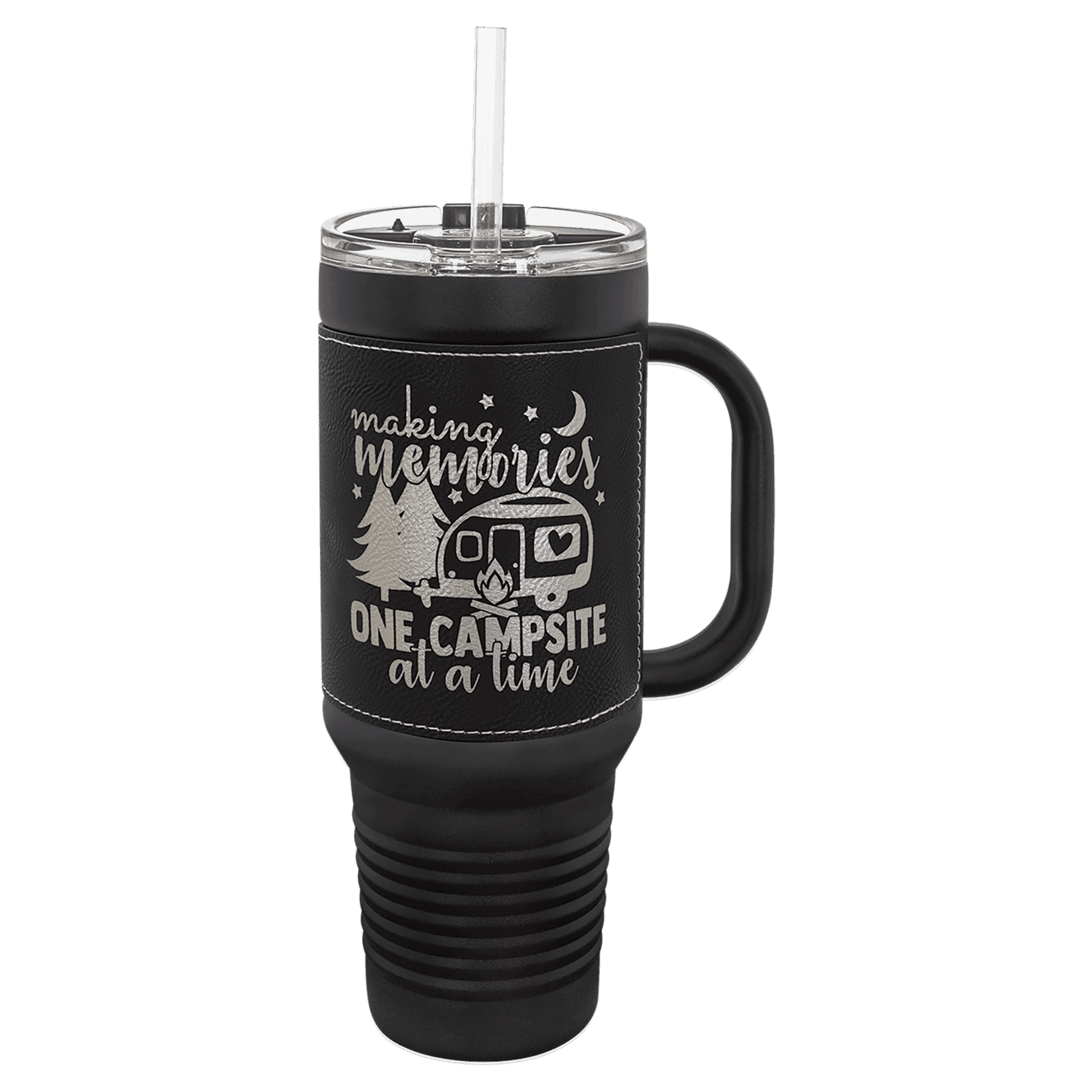 Polar Camel 40 oz. with /Silver Laserable Leatherette Travel Mug with a Handle & Straw