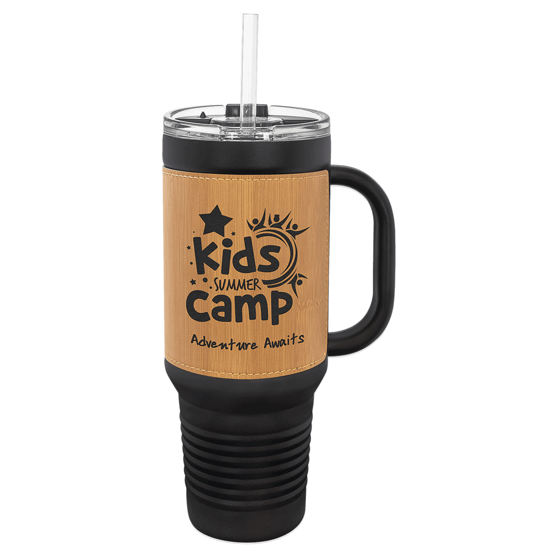 Polar Camel 40 oz. with Laserable Leatherette Travel Mug with a Handle & Straw