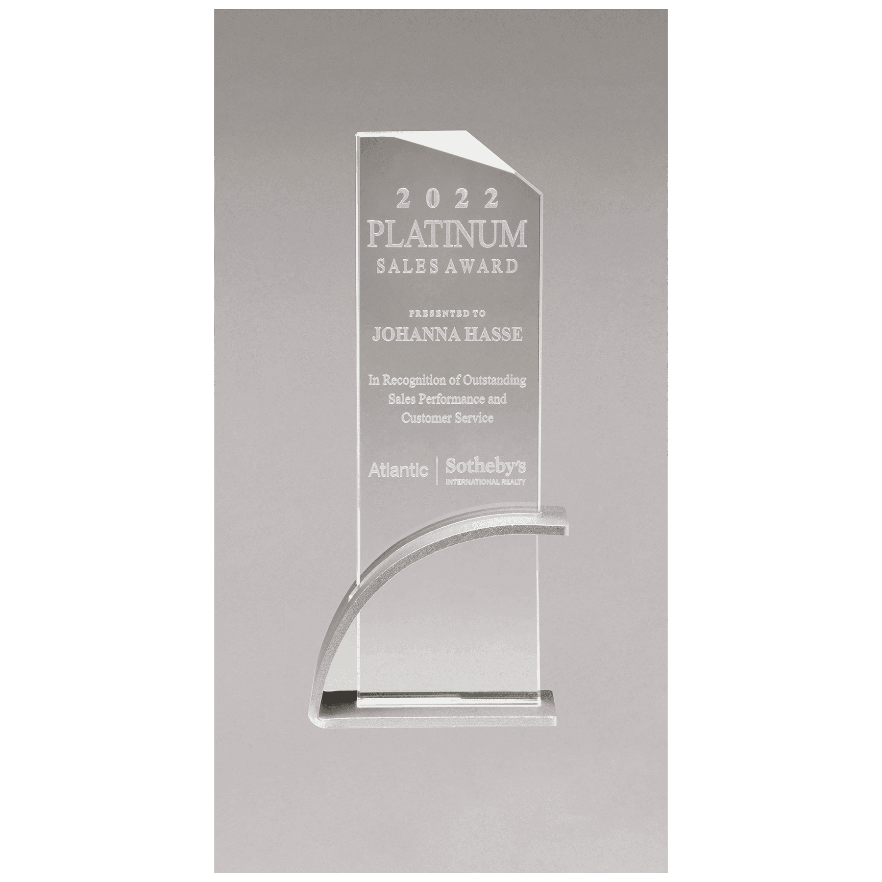 3 7/8" x 10 1/8" x 1/2" Thick Contemporary Glass Award, Arched Base with Matte Metallic Finish