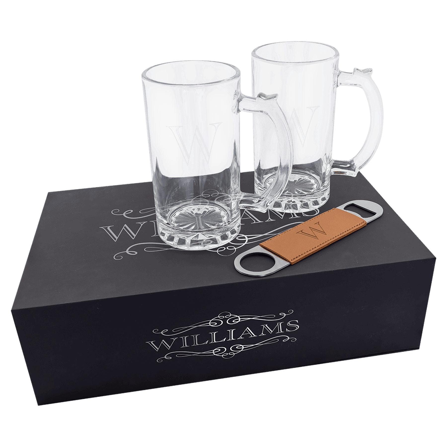 Lazerburst Beer Set with Two 14 oz. Mugs and One Rawhide Laserable Leatherette Bottle Opener
