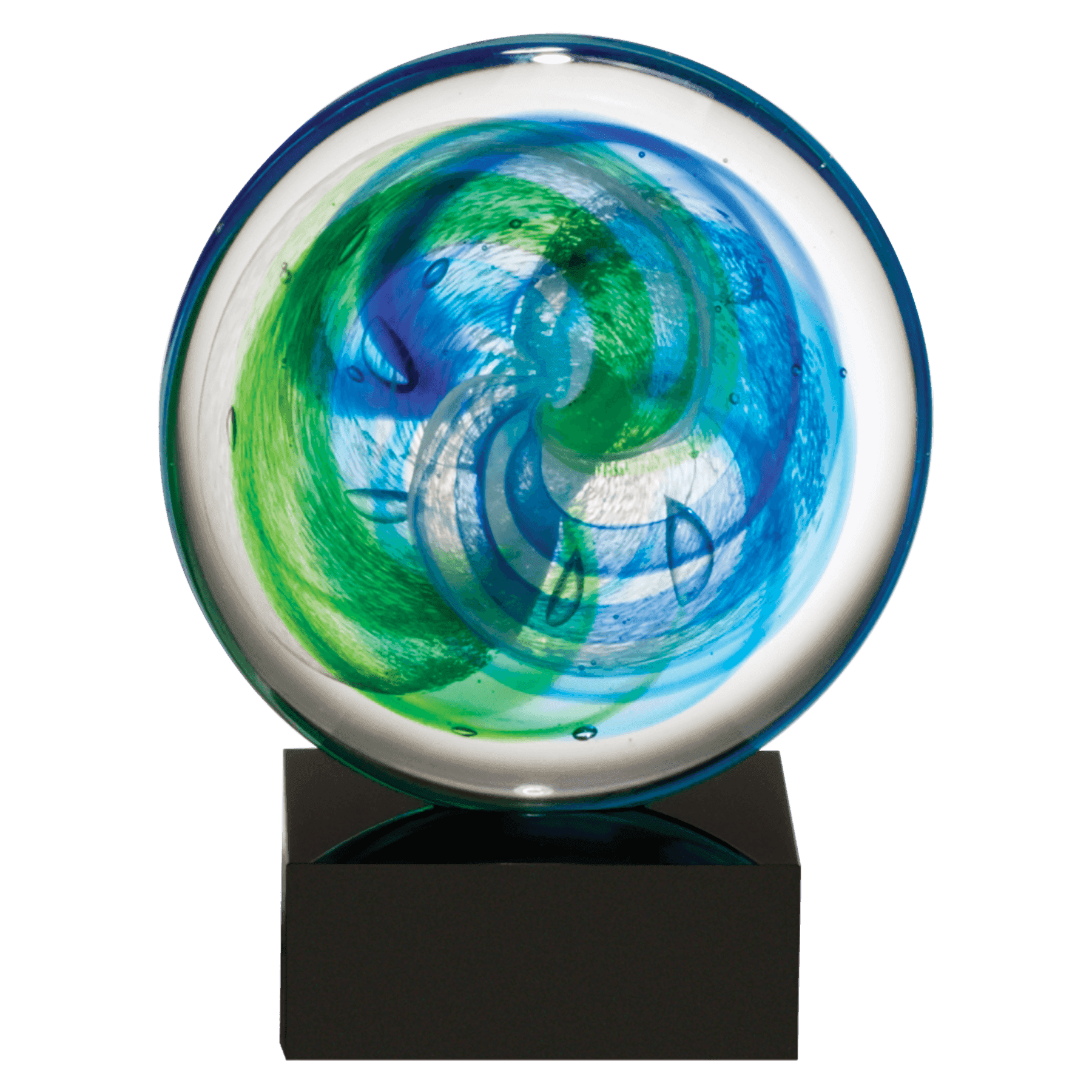 7 1/4" Disk Art Glass w/ and Light Accent on Black Glass Base-No Plate