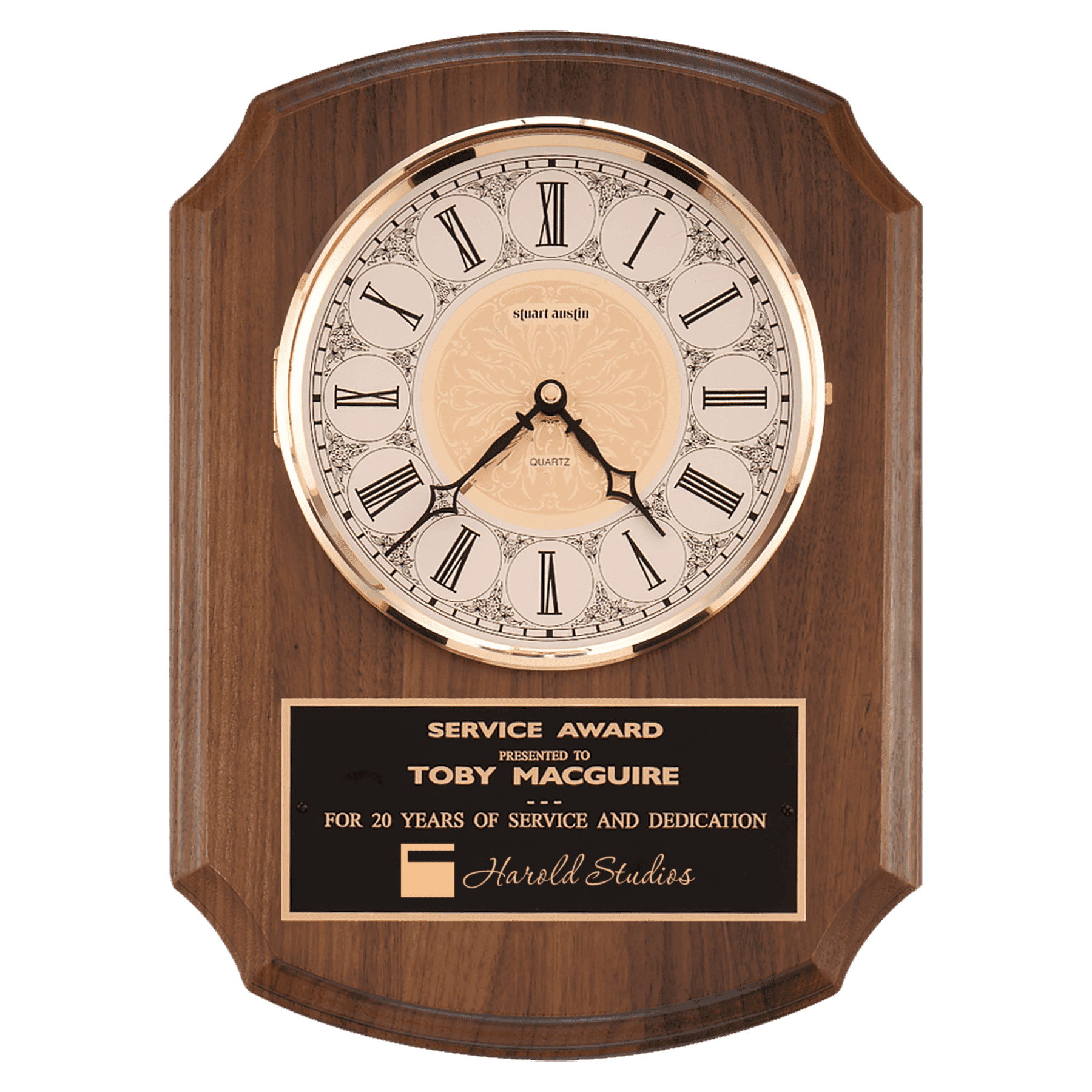 10 1/2" x 13" Walnut Quartz Clock, Brass Diamond Spun Bezel, Glass Lens, Ivory Dial, Plate