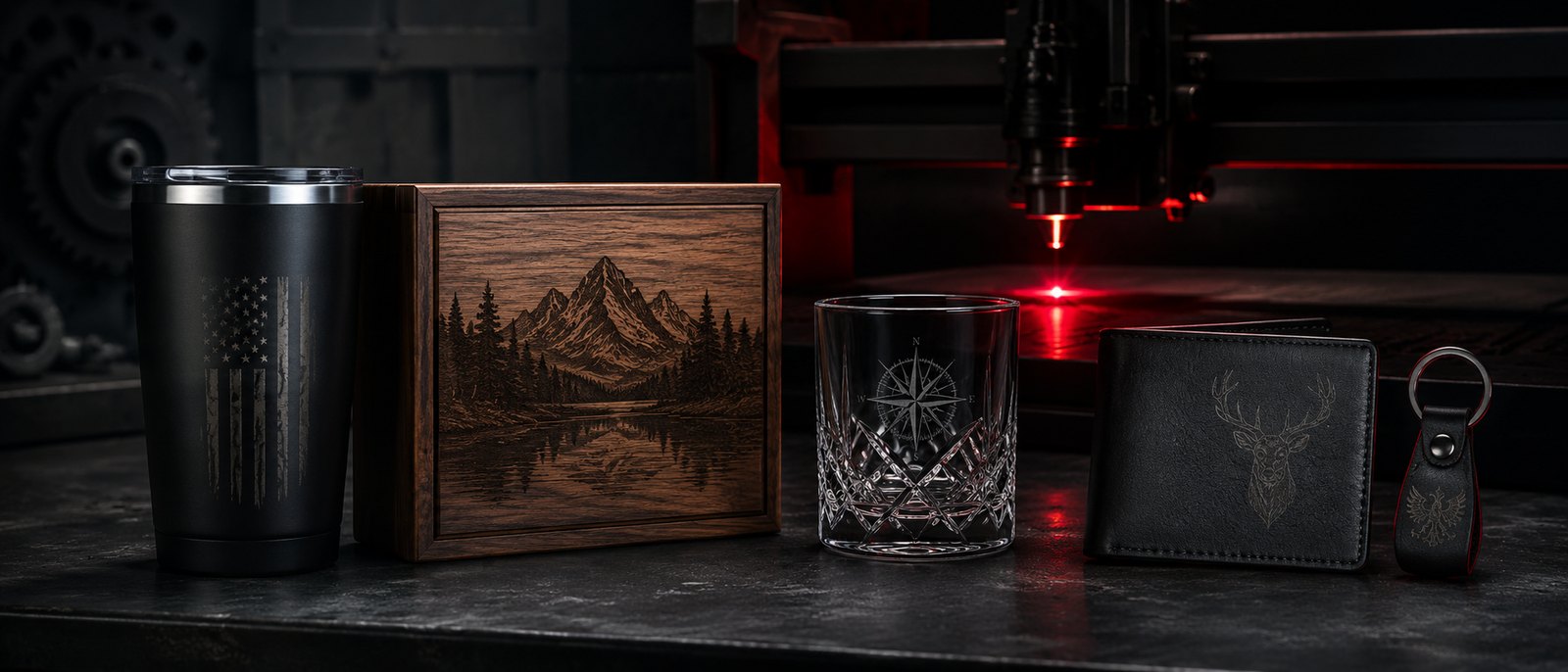 Engraved tumbler, wood keepsake box, glassware, and leather goods by CJ Customs